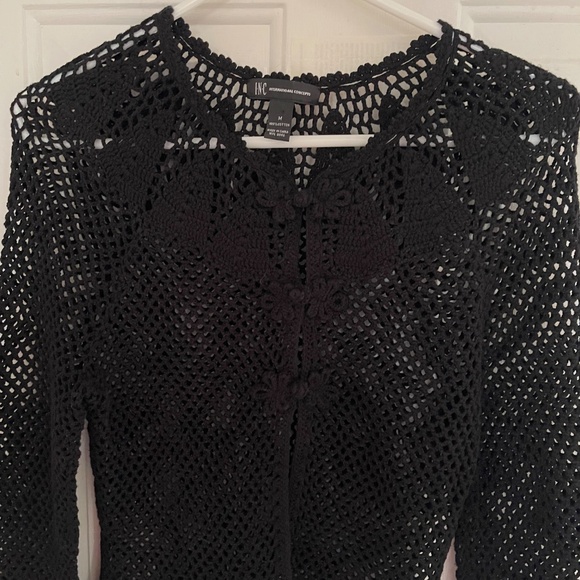 INC International Concepts Open Knit Crochet Black Ruffle Hem Cardigan M - Picture 12 of 15